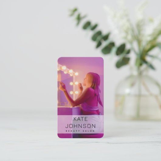 モダン爪、 ネイルビートイサロンメイクアップアーティストフォトパープル 名刺 (スタンド正面)