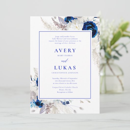 モダン王室の青と白の結婚花 招待状 (スタンド正面)