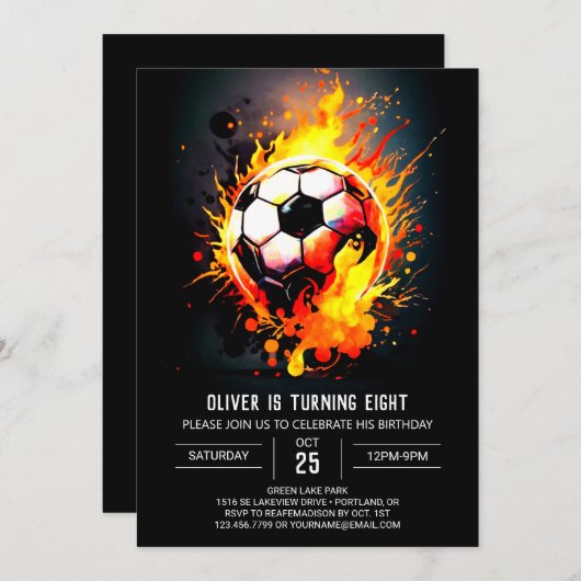 モダン球印字可能サッカー誕生日 招待状 (正面/裏面)
