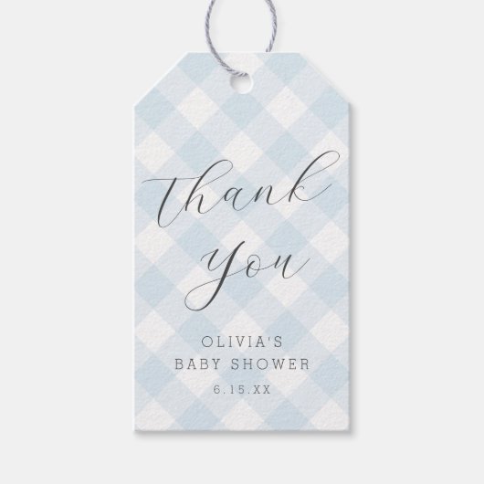 +モダン甘いライトブルーのギンガムベビーシャワー ギフトタグ (正面)