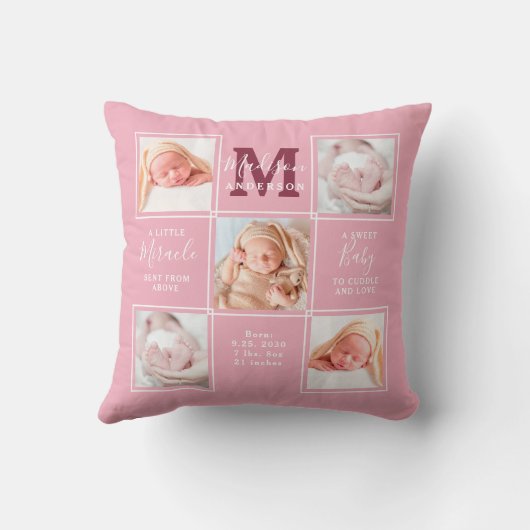 モダン生まれたばかりのパーソナライズされた5枚フォトコラージュ クッション (裏面)