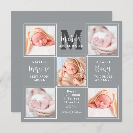 モダン生まれたばかりのベビーパーソナライズされた5写真誕生 案内状 (正面/裏面)
