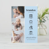 モダン生まれたばかりのベビー写真コラージュ統計ブルー誕生 案内状 (スタンド正面)