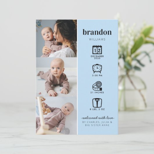 モダン生まれたばかりのベビー写真コラージュ統計ブルー誕生 案内状 (スタンド正面)