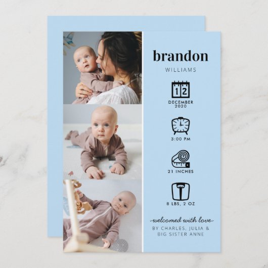 モダン生まれたばかりのベビー写真コラージュ統計ブルー誕生 案内状 (正面/裏面)