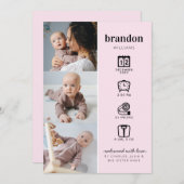 モダン生まれたばかりのベビーPhoto Collage Statsピンク誕生 案内状 (正面/裏面)