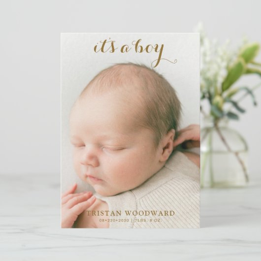 モダン生まれたばかりの男の赤ちゃん写真の誕生発表 (スタンド正面)