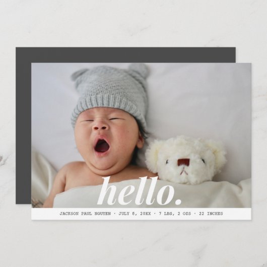 モダン男の赤ちゃんグレイHello Birth Announcement 案内状 (正面/裏面)