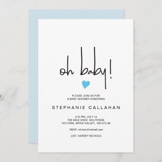 モダン男の赤ちゃんシャワー招待状ブルーハートモチーフ 招待状 (正面/裏面)