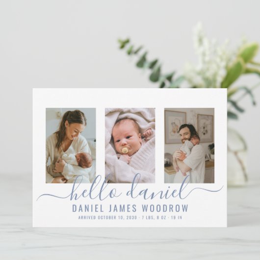 モダン男の赤ちゃん写真コラージュ生誕発表 案内状 (スタンド正面)