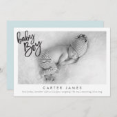 モダン男の赤ちゃん写真シンプル書道オーバーレイ 案内状 (正面/裏面)