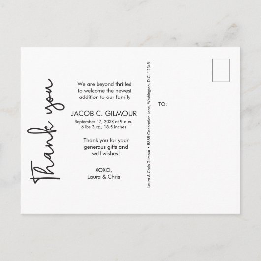 モダン男の赤ちゃん写真誕生ありがとうカスタム 案内ポストカード (裏面)