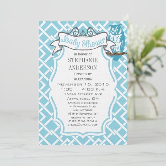 モダン男の赤ちゃん幾何模様フクロウシャワー 招待状 (スタンド正面)
