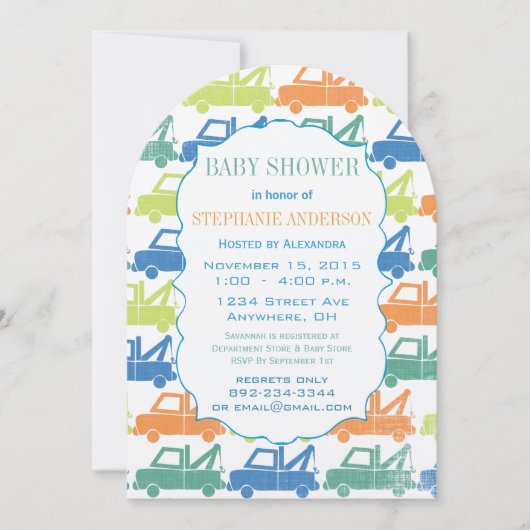 モダン男の赤ちゃん牽引トラックシャワーアーチ形状 招待状 (正面)