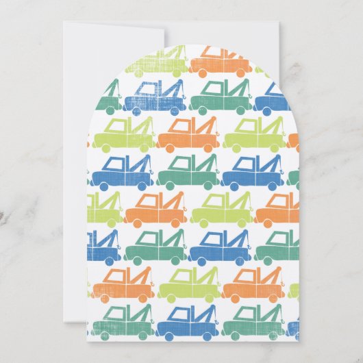 モダン男の赤ちゃん牽引トラックシャワーアーチ形状 招待状 (裏面)