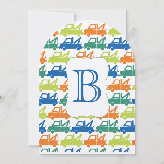 モダン男の赤ちゃん牽引トラックシャワー 招待状 (裏面)