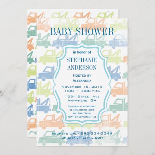 モダン男の赤ちゃん牽引トラックシャワー 招待状 (正面/裏面)