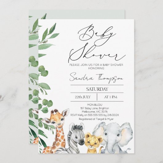 モダン男女兼用Folids Safariベビーシャワー 招待状 (正面/裏面)