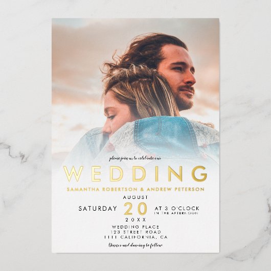 モダン白グラデーションシンプル2枚の写真結婚2 箔招待状 (正面)