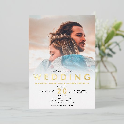 モダン白グラデーションシンプル2枚の写真結婚2 箔招待状 (立ち正面)