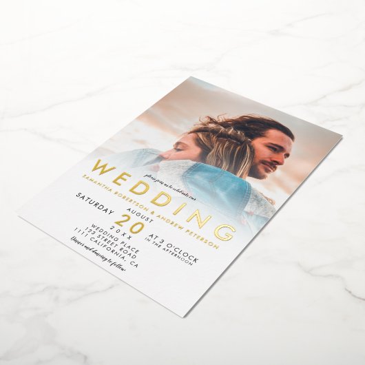 モダン白グラデーションシンプル2枚の写真結婚2 箔招待状 (回転した状態)