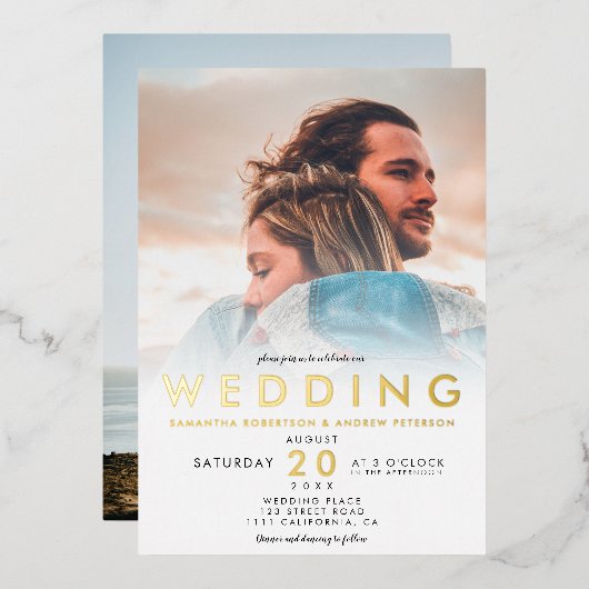 モダン白グラデーションシンプル2枚の写真結婚2 箔招待状 (正面/裏面)