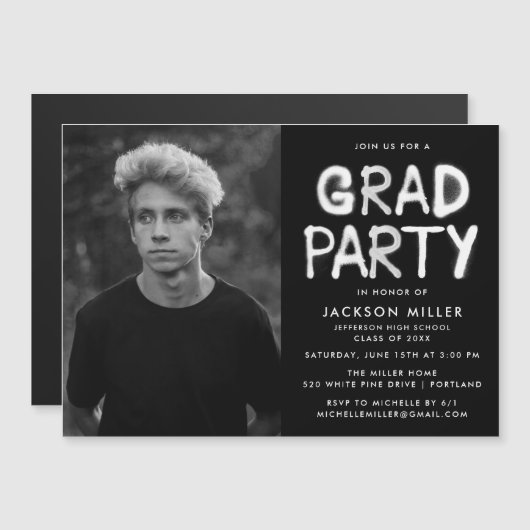 モダン白スプレー絵を描写真卒業パーティー マグネット招待状 (正面/裏面)