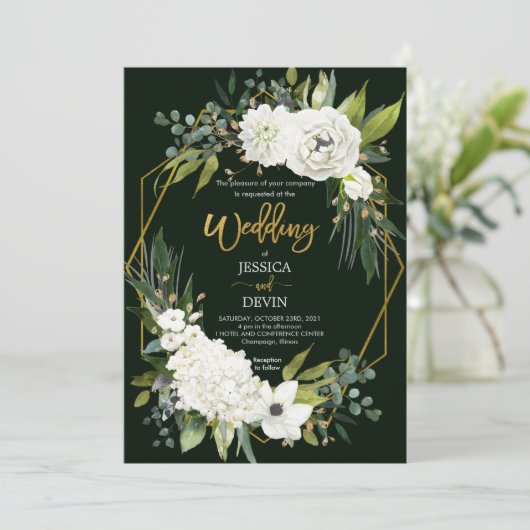 モダン白フローラ金ゴールドフレーム結婚式招待状 招待状 (スタンド正面)