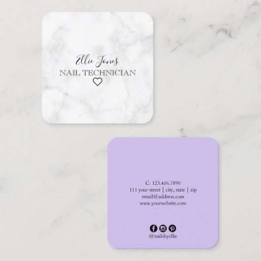 モダン白大理石と紫爪、 ネイル スクエア名刺 (正面/裏面)