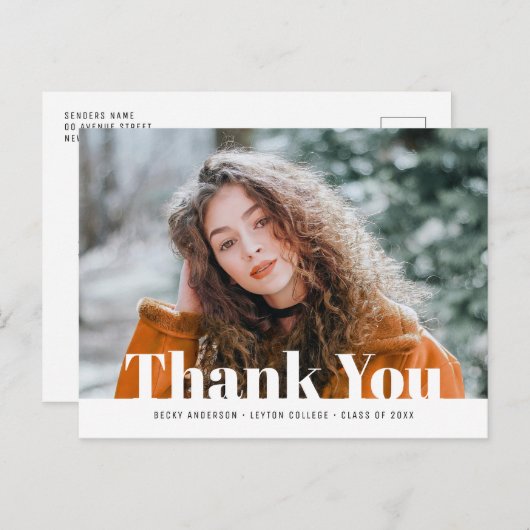 モダン白文字写真感謝してい卒業前 ポストカード (正面/裏面)