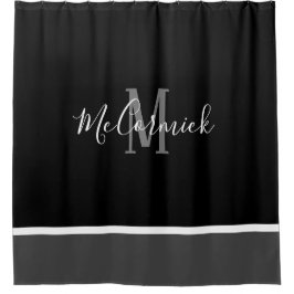 モダン白黒とグレーのモストライプのノグラム名 シャワーカーテン