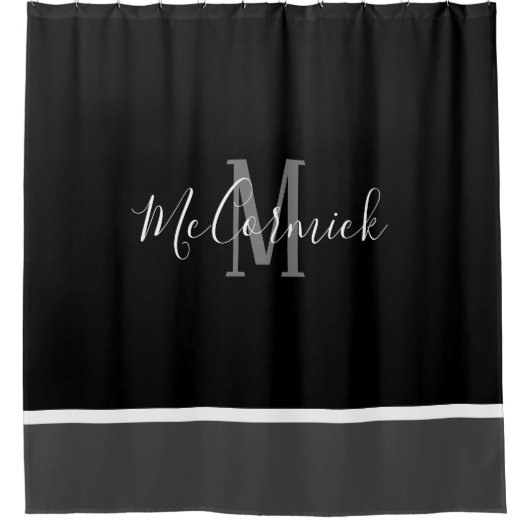 モダン白黒とグレーのモストライプのノグラム名 シャワーカーテン (正面)