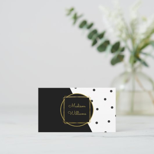 モダン白黒と金ゴールドの色ブロック水玉模様 名刺 (スタンド正面)