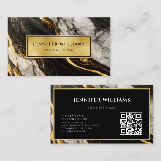 モダン白黒と金ゴールド大理石QRコード 名刺 (正面/裏面)