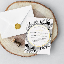 モダン白黒の水色のフローラ結婚 箔招待状