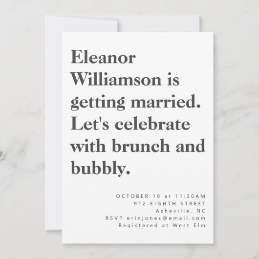 モダン白黒はっきりしたタイポグラフィブライダルブランチ 招待状 (正面)