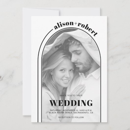 モダン白黒アーチ結婚型 招待状 (正面)