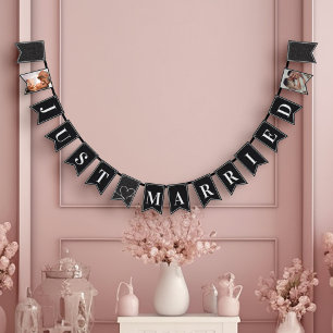 モダン白黒エレガントたった今結婚しました バンティングフラッグ