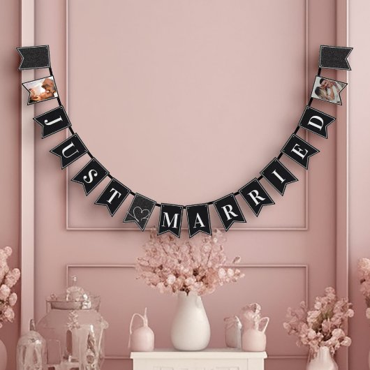 モダン白黒エレガントたった今結婚しました バンティングフラッグ