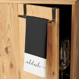 モダン白黒エレガントスクリプト名モノグラム キッチンタオル