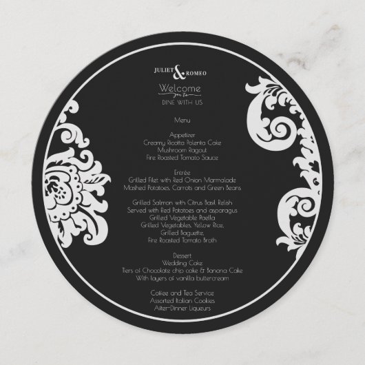 モダン白黒エレガントフローラダマスウェディング メニュー (正面)