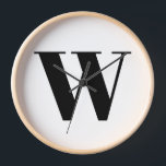 モダン白黒カスタムモノグラムイニシャル文字 壁時計<br><div class="desc">カスタムモダンモノグラムイニシャルタイポグラフィエレガント壁時計。黒カスタム文字、白い背景。形状(丸ま違うたは正方形)サイズと材料で使用可能</div>