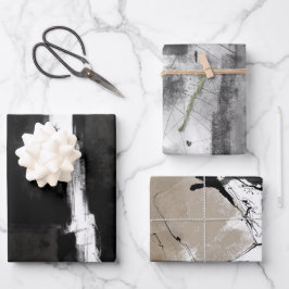 モダン白黒グレイ素朴抽象芸術 ラッピングペーパーシート