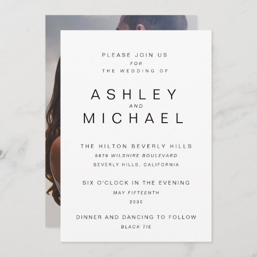 モダン白黒シンプル写真結婚 招待状 (正面/裏面)