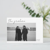 モダン白黒スクリプトの結婚写真 サンキューカード (スタンド正面)