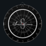 モダン白黒スクリプトモノグラムパーソナライズされた ダーツボード<br><div class="desc">次の集まりにダーツのおもしろいゲームであなたの家族や友人を楽しませる。このデザインはモダンブラックグレーファミリーモノグラム名で、1枚のボードはブラック、2枚目のボードはダークグレー。大きなモノグラムイニシャルははっきりした中央に灰色のレタリングで、名前は白トレンディー書道のスクリプトレタリングにある。クリックテンプレートのパーソナライズ後を追オプションとプロンプト</div>