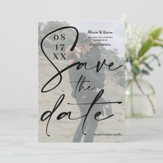 モダン白黒スクリプト日付の写真を保存 招待状 (スタンド正面)