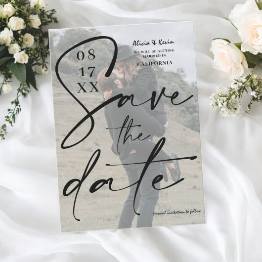 モダン白黒スクリプト日付の写真を保存 招待状