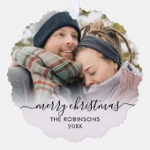 モダン白黒スクリプト2カップル写真クリスマス オーナメントカード (正面)