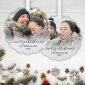 モダン白黒スクリプト2カップル写真クリスマス オーナメントカード